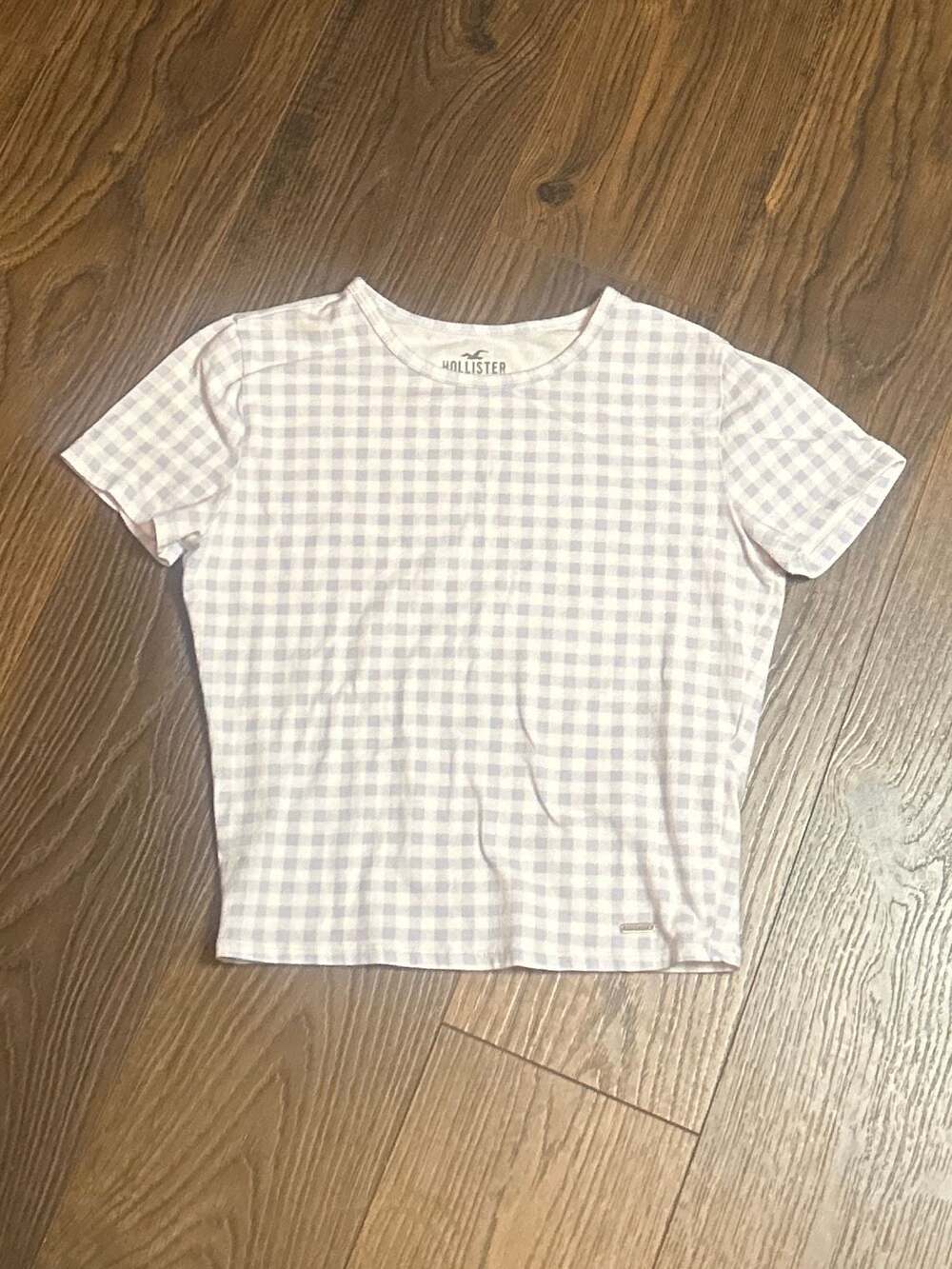 Hollister Baby Blue and White Gingham Plaid Short Sleeve Cropped Baby Tee